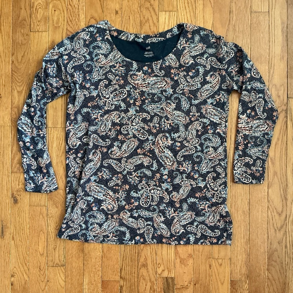 J. Jill Simply Supima Scoop Neck Tunic Top Small Navy Blue Paisley Long Sleeve